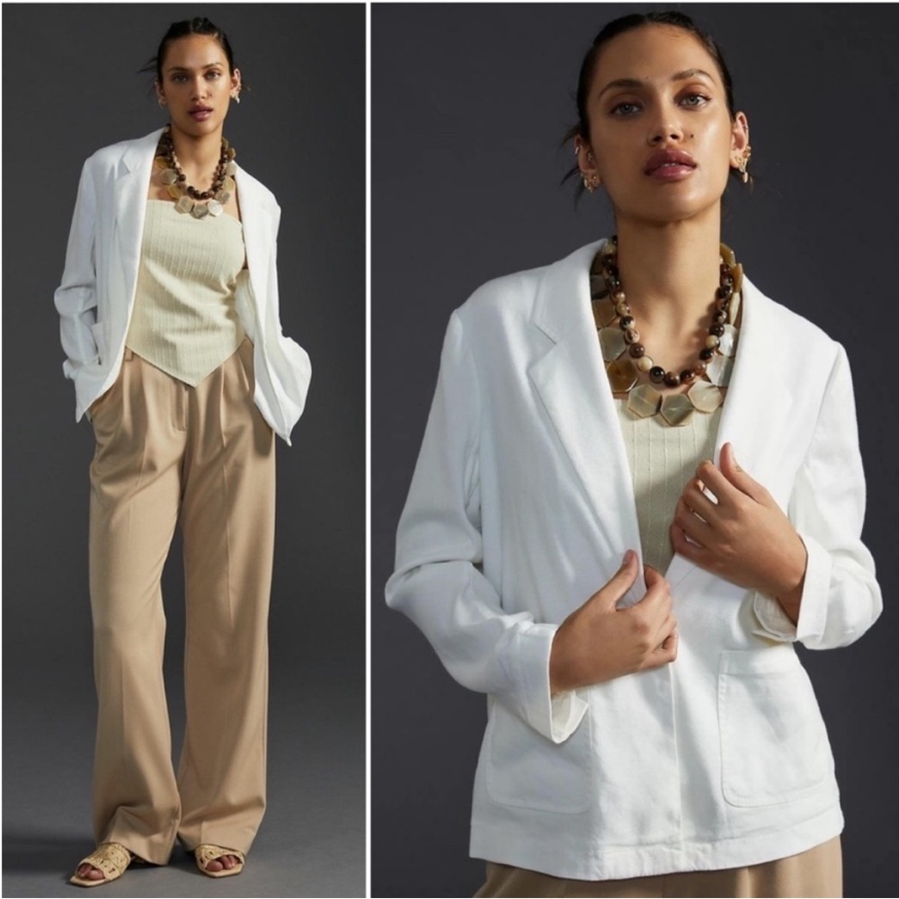 Anthropologie White Blazer with Cream Top and Tan Pants